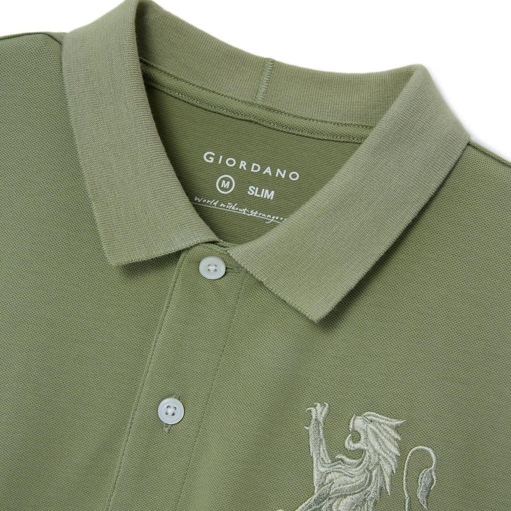 Men's 3D Lion Polo: Slim Fit, Bold Embroidery, Premium Pique S - Shop Giordano