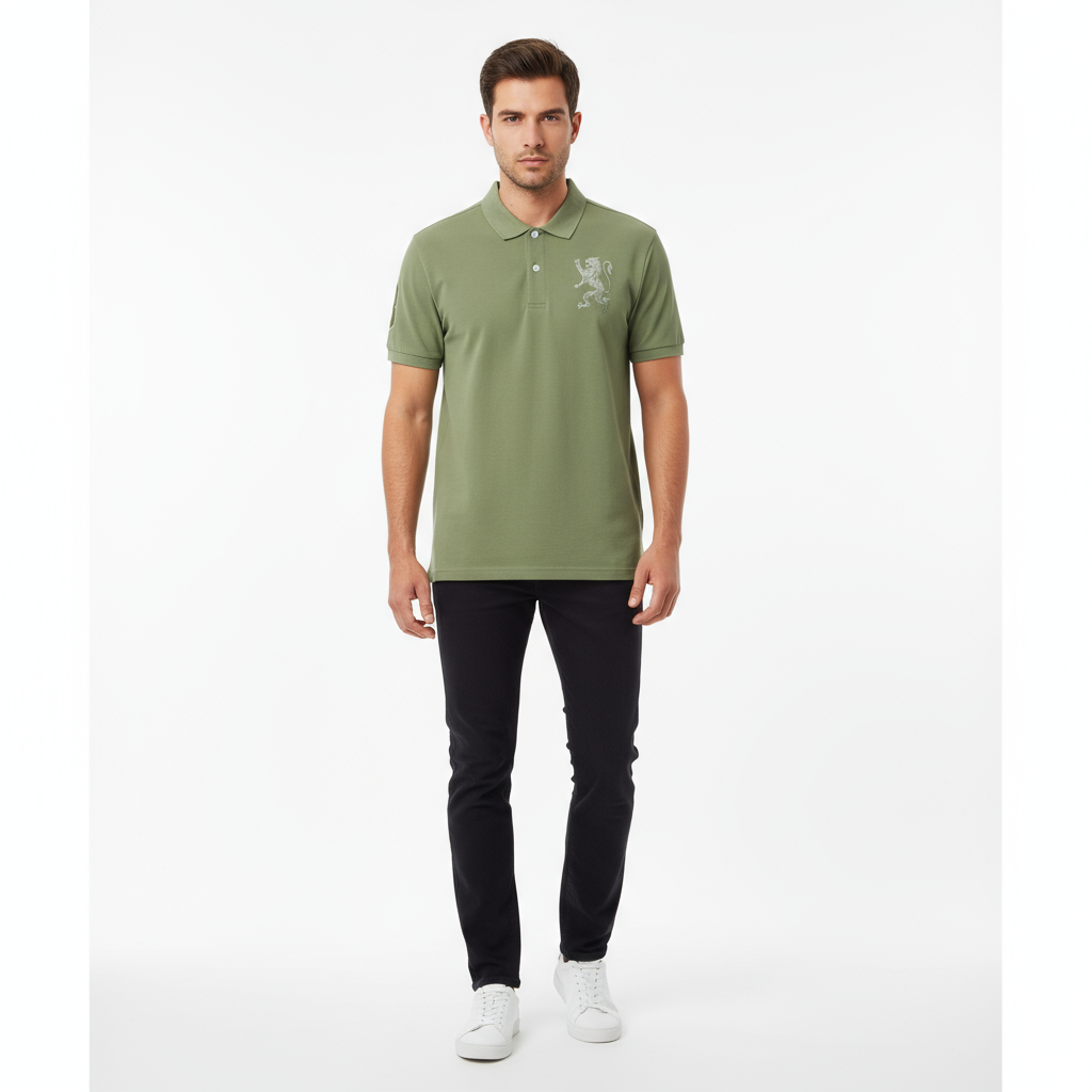 Men's 3D Lion Polo: Slim Fit, Bold Embroidery, Premium Pique