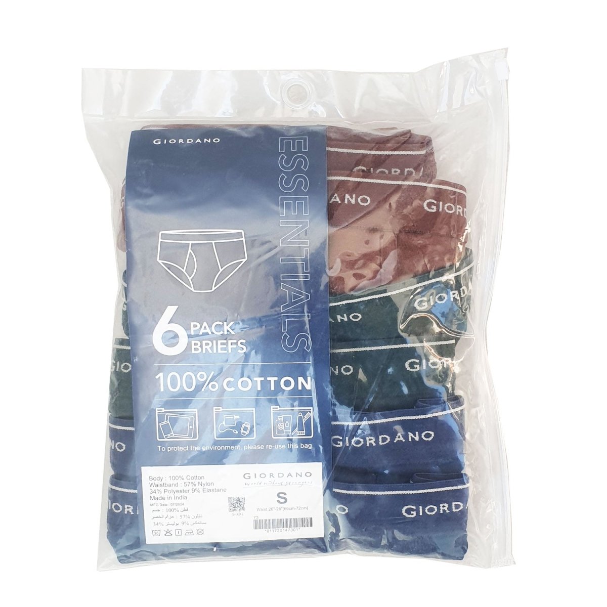 Men's Classic Rib Briefs - 6 - Pack, Cotton, Jacquard Waistband - Giordano