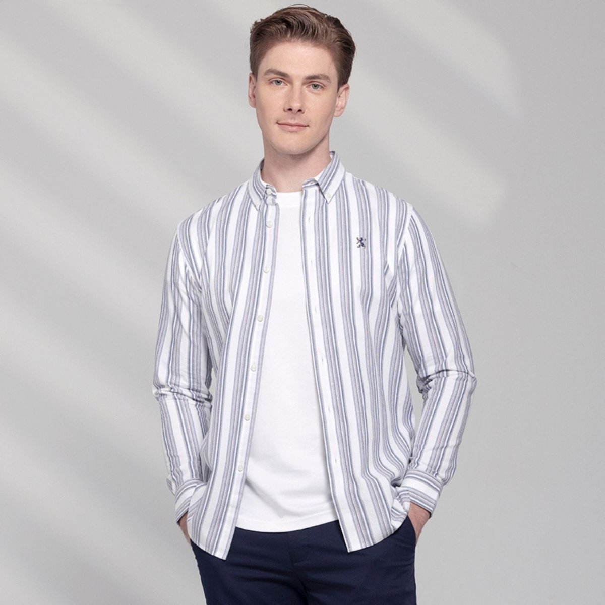 Men's Cotton Oxford Shirt - Small Lion Embroidery, Slim Fit, Full Button - Giordano
