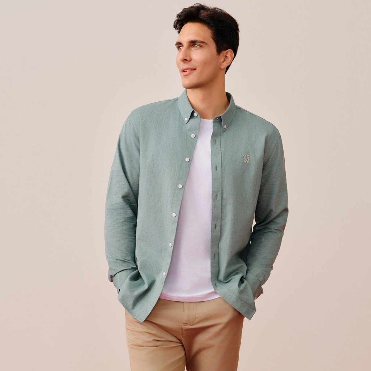 Men's Cotton Oxford Shirt - Small Lion Embroidery, Slim Fit, Full Button - Giordano