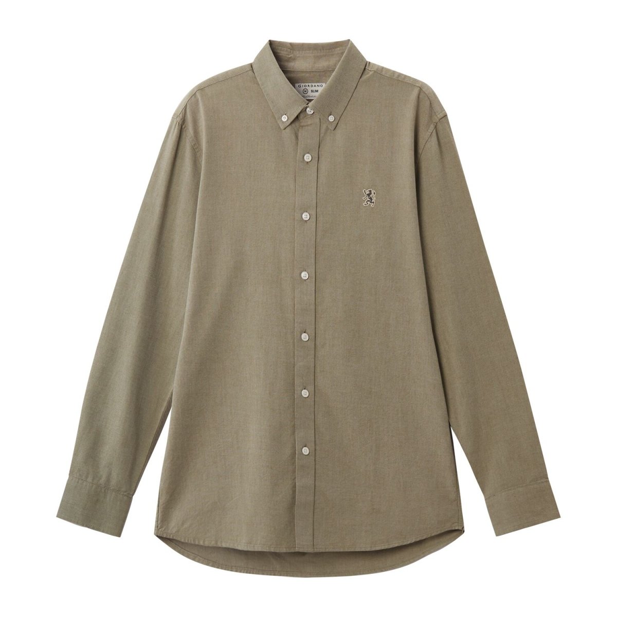 Men's Cotton Oxford Shirt - Small Lion Embroidery, Slim Fit, Full Button - Giordano