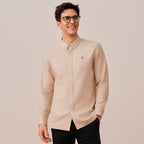 Giordano Men's Cotton Oxford Shirt - Small Lion Embroidery, Slim Fit, Full Button - Premium Shirts