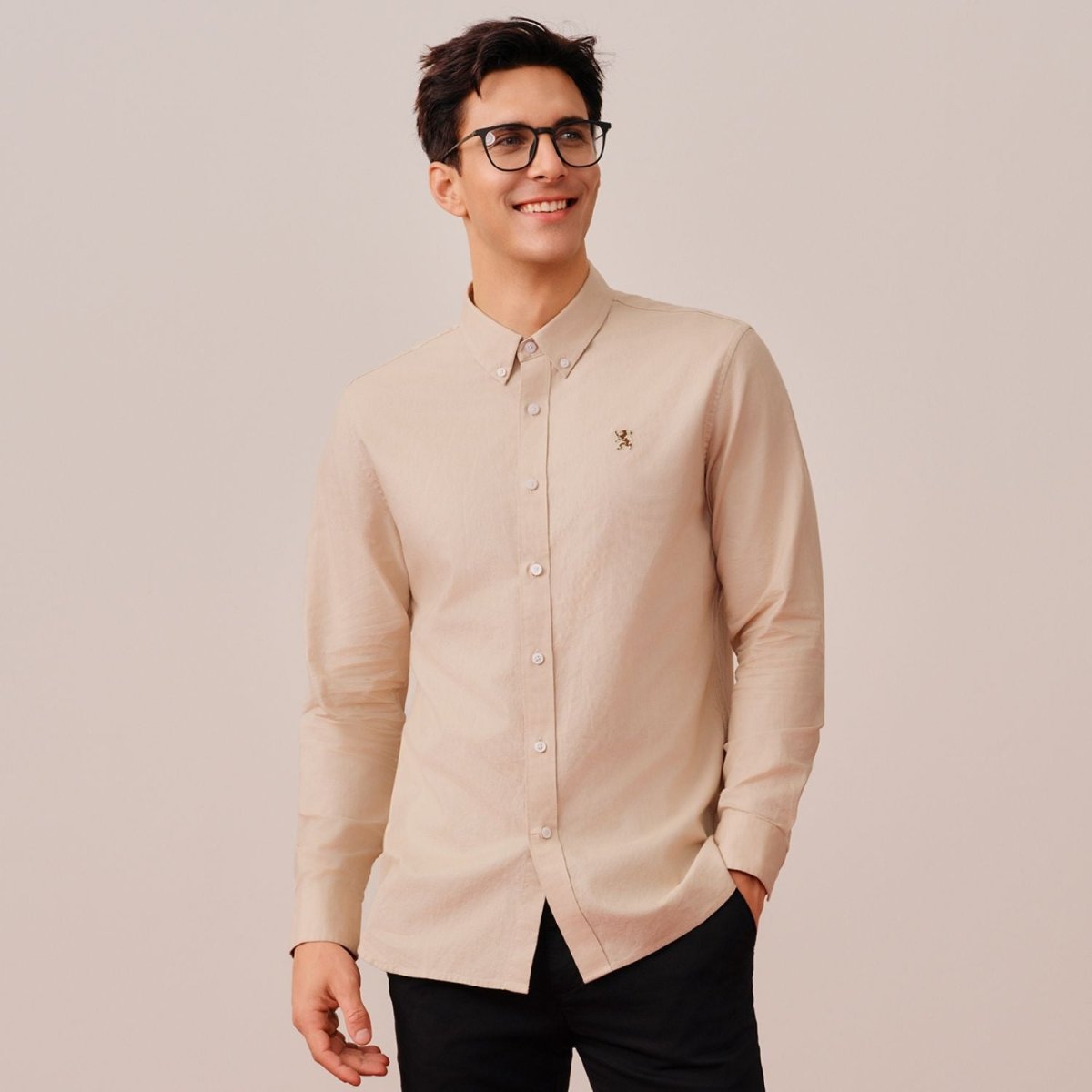 Men's Cotton Oxford Shirt - Small Lion Embroidery, Slim Fit, Full Button - Giordano