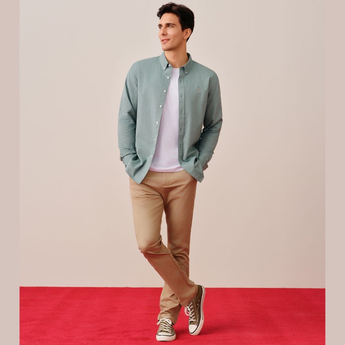 Men's Cotton Oxford Shirt - Small Lion Embroidery, Slim Fit, Full Button - Giordano