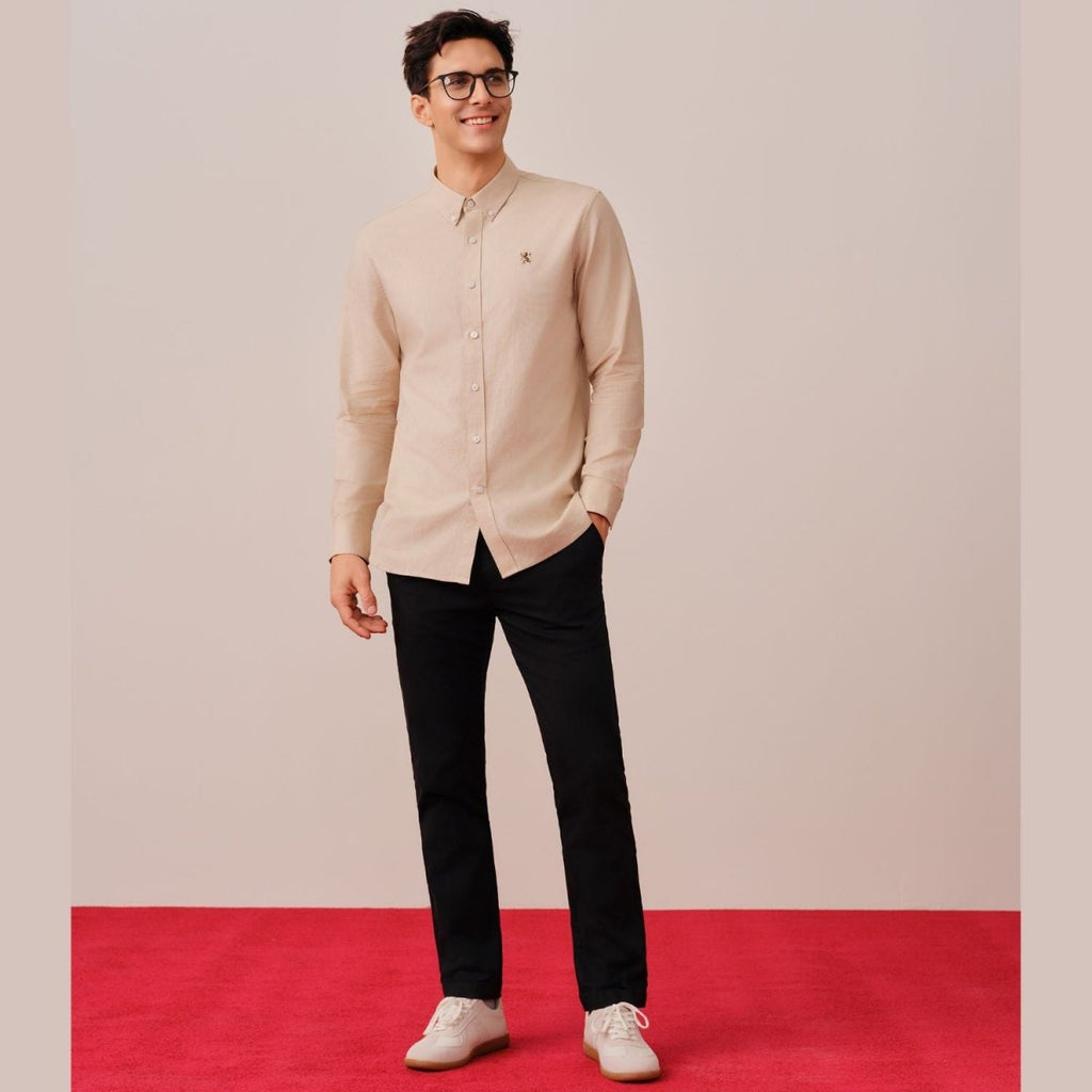 Giordano Men's Cotton Oxford Shirt - Small Lion Embroidery, Slim Fit, Full Button - Premium Shirts