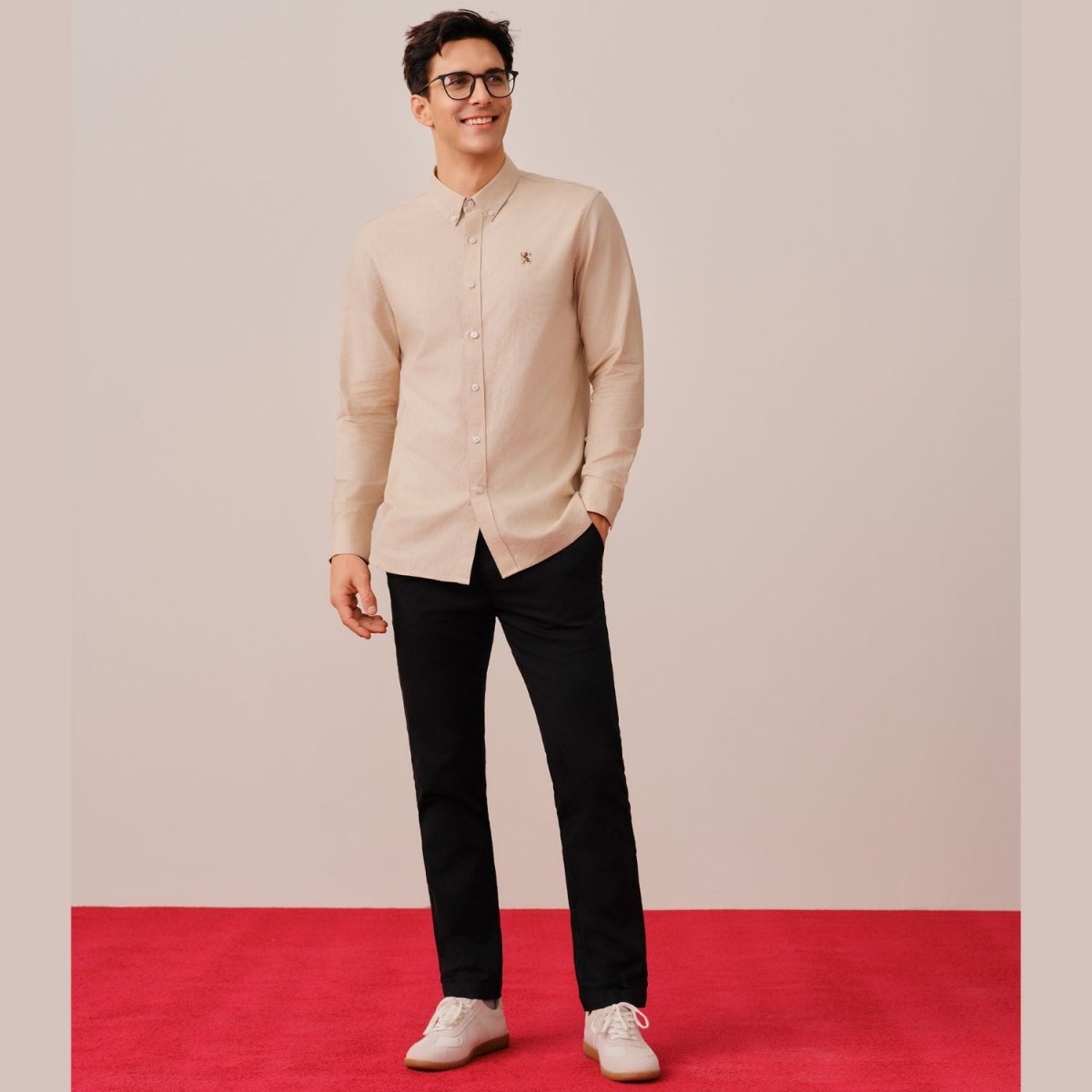 Giordano Men's Cotton Oxford Shirt - Small Lion Embroidery, Slim Fit, Full Button - Premium Shirts