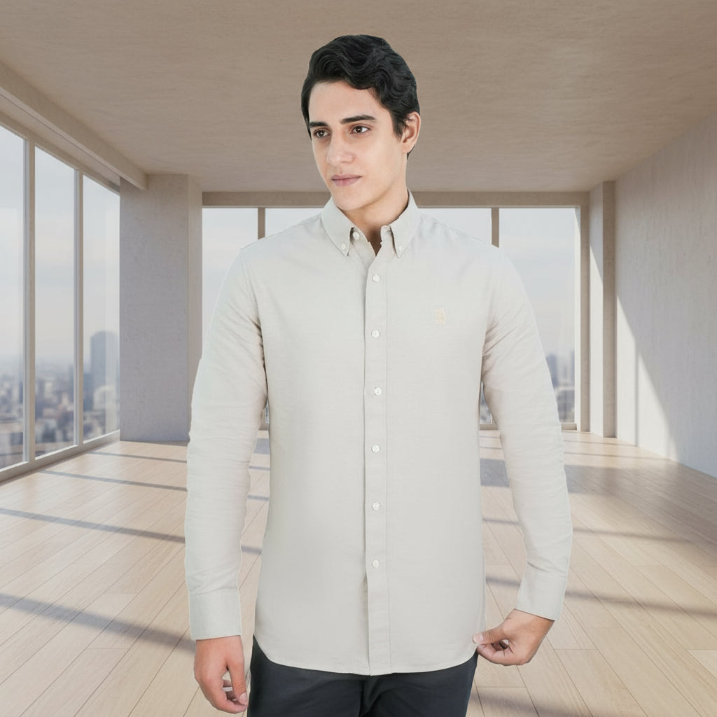 Men's Cotton Oxford Shirt - Small Lion Embroidery, Slim Fit, Full Button S - Shop Giordano