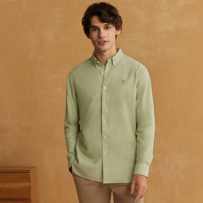 Men's Cotton Oxford Shirt - Small Lion Embroidery, Slim Fit, Full Button - Giordano