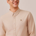Giordano Men's Cotton Oxford Shirt - Small Lion Embroidery, Slim Fit, Full Button - Premium Shirts