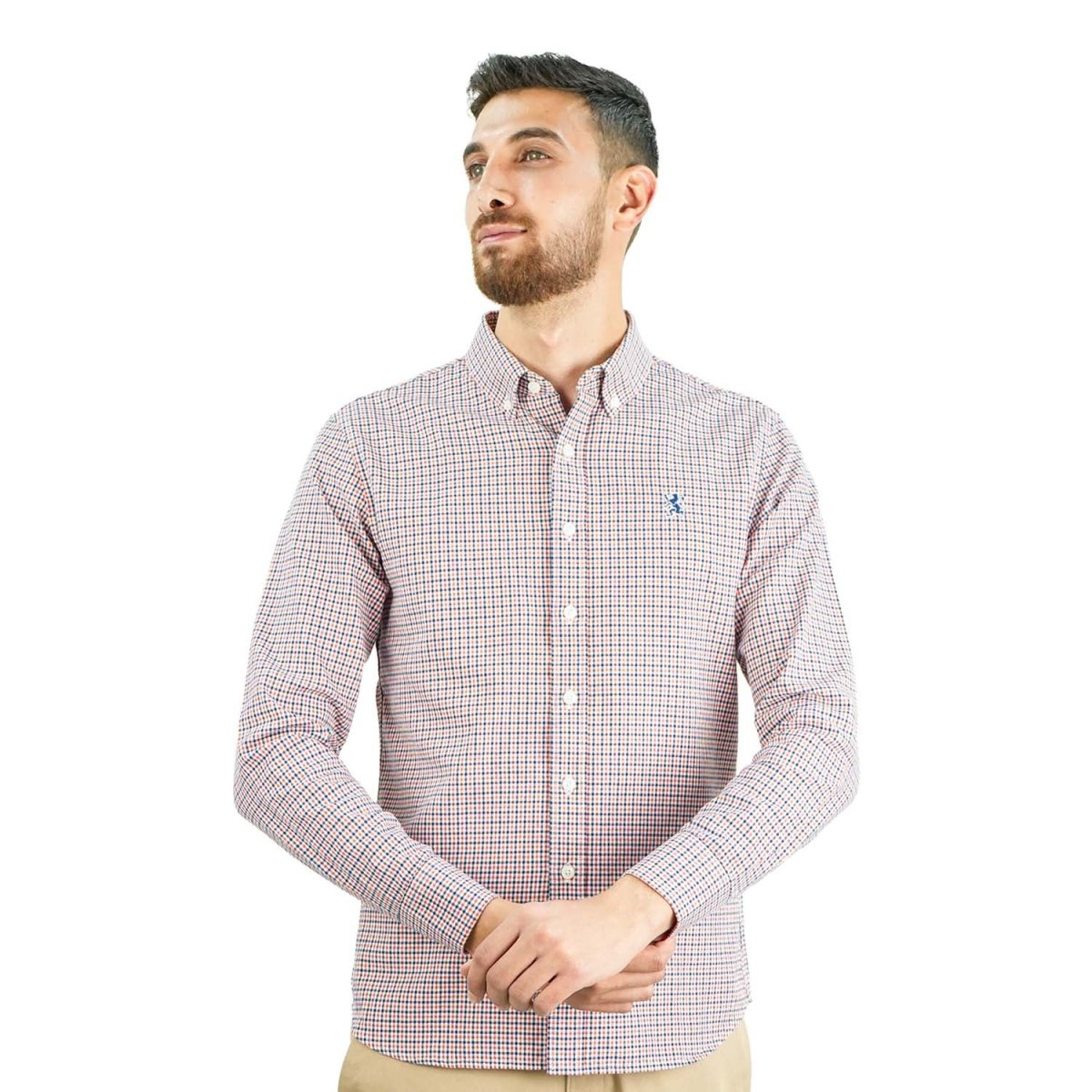 Men's Cotton Oxford Shirt - Small Lion Embroidery, Slim Fit, Full Button - Giordano