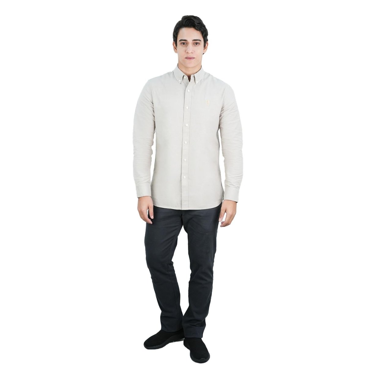Men's Cotton Oxford Shirt - Small Lion Embroidery, Slim Fit, Full Button S - Shop Giordano
