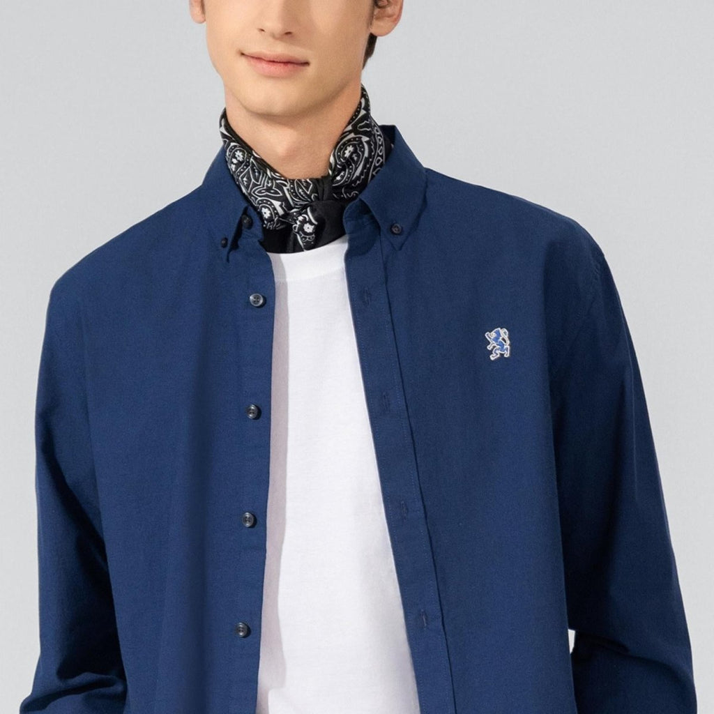 Giordano Men's Cotton Oxford Shirt - Small Lion Embroidery, Slim Fit, Full Button - Premium Shirts