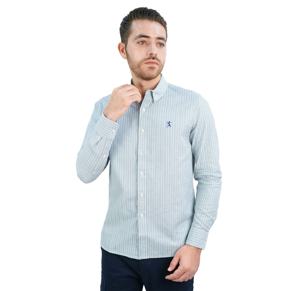 Men's Cotton Oxford Shirt - Small Lion Embroidery, Slim Fit, Full Button - Giordano