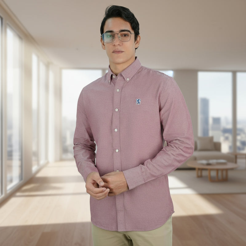 Men's Cotton Oxford Shirt - Small Lion Embroidery, Slim Fit, Full Button S - Shop Giordano