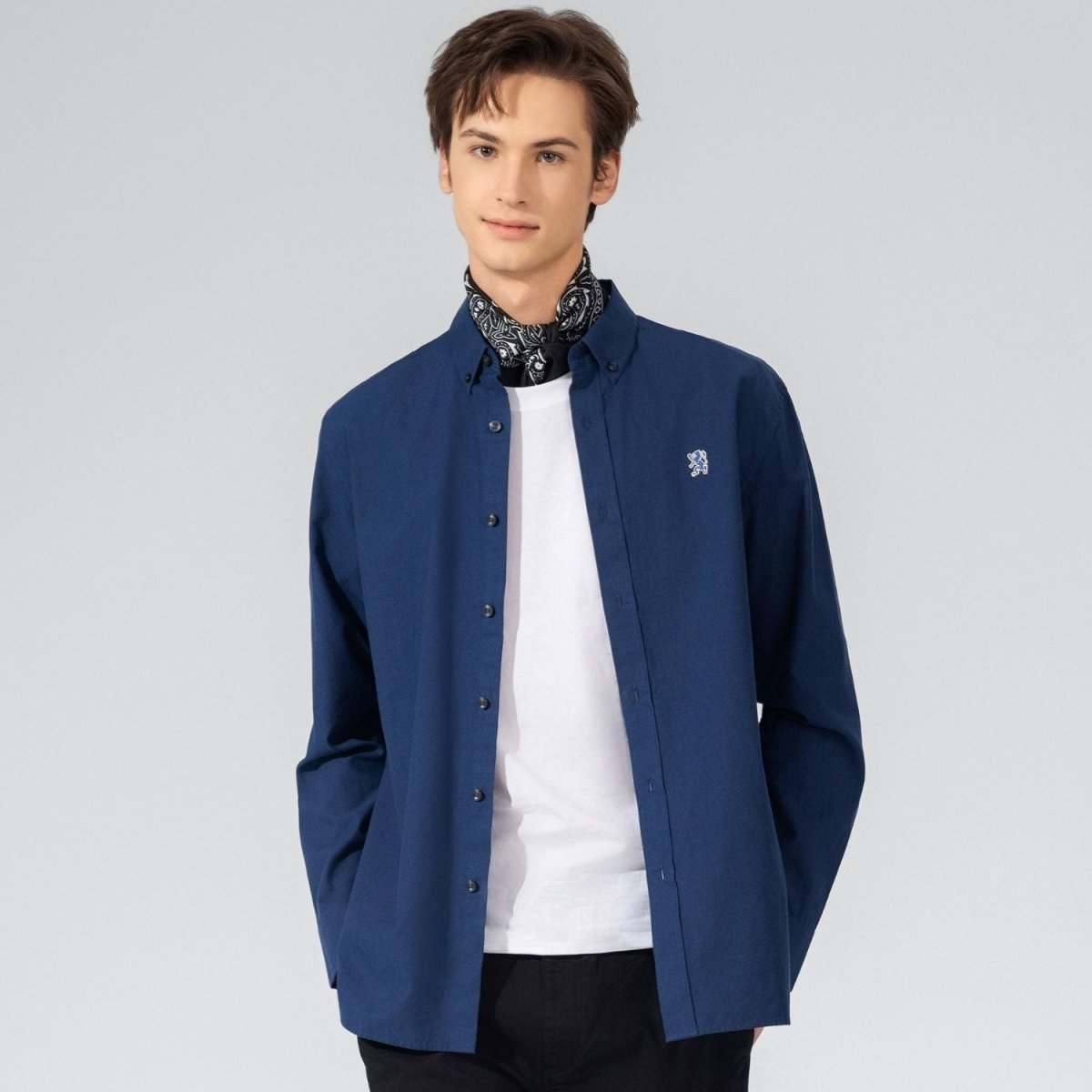 Giordano Men's Cotton Oxford Shirt - Small Lion Embroidery, Slim Fit, Full Button - Premium Shirts