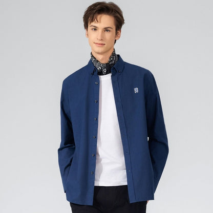Men's Cotton Oxford Shirt - Small Lion Embroidery, Slim Fit, Full Button - Giordano