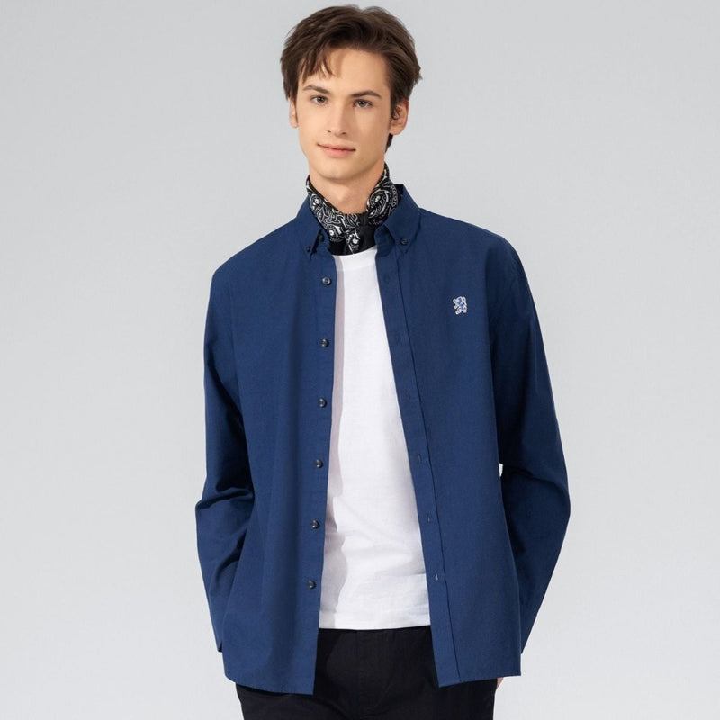 Giordano Men's Cotton Oxford Shirt - Small Lion Embroidery, Slim Fit, Full Button - Premium Shirts