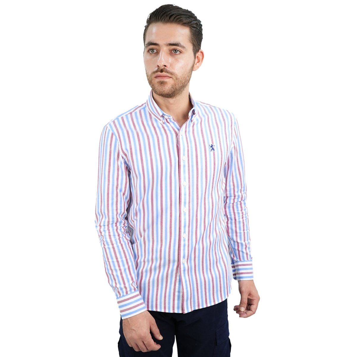 Men's Cotton Oxford Shirt - Small Lion Embroidery, Slim Fit, Full Button - Giordano
