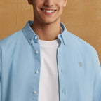 Giordano Men's Cotton Oxford Shirt - Small Lion Embroidery, Slim Fit, Full Button - Premium Shirts