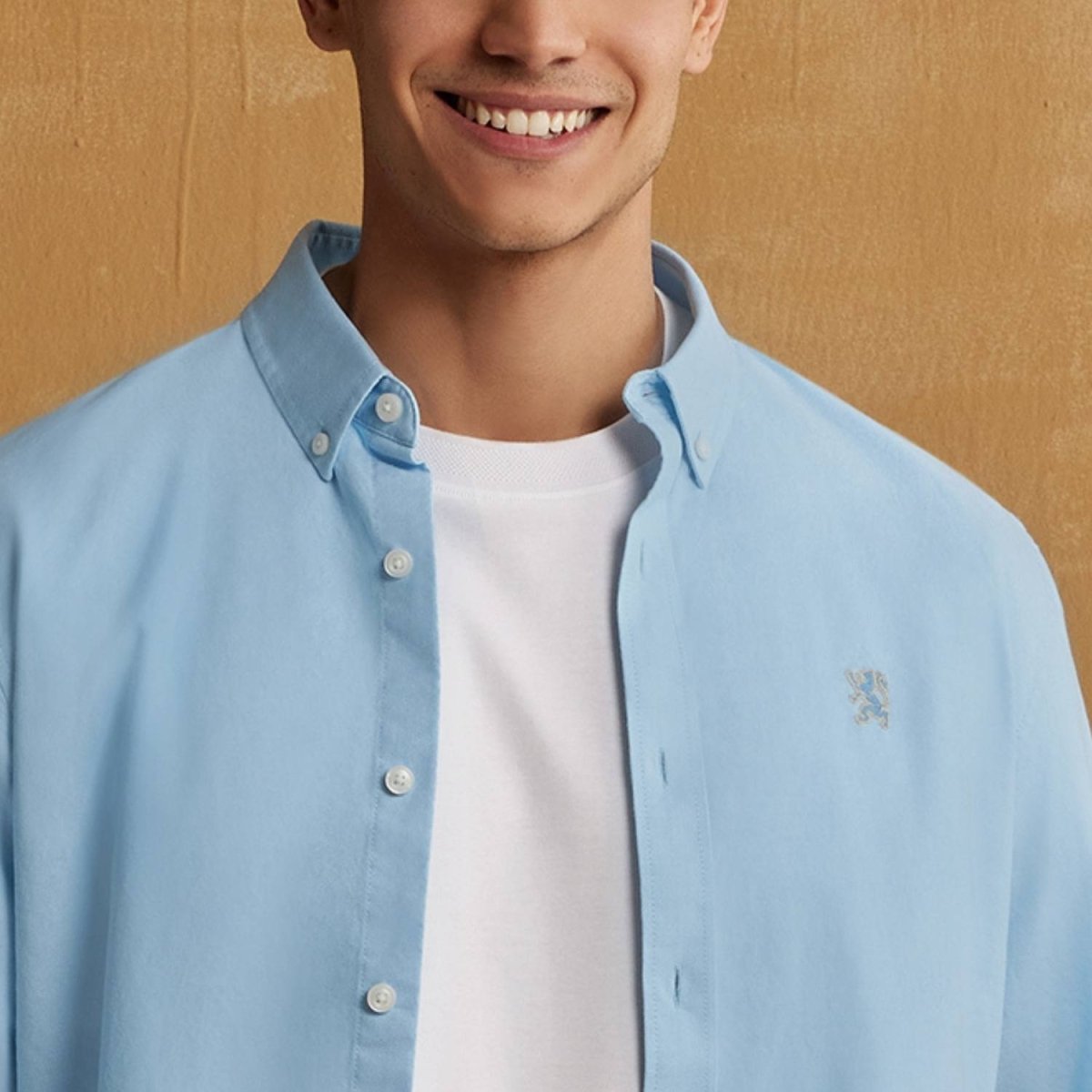 Giordano Men's Cotton Oxford Shirt - Small Lion Embroidery, Slim Fit, Full Button - Premium Shirts