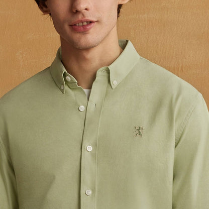 Men's Cotton Oxford Shirt - Small Lion Embroidery, Slim Fit, Full Button - Giordano