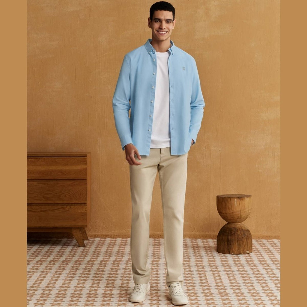 Giordano Men's Cotton Oxford Shirt - Small Lion Embroidery, Slim Fit, Full Button - Premium Shirts