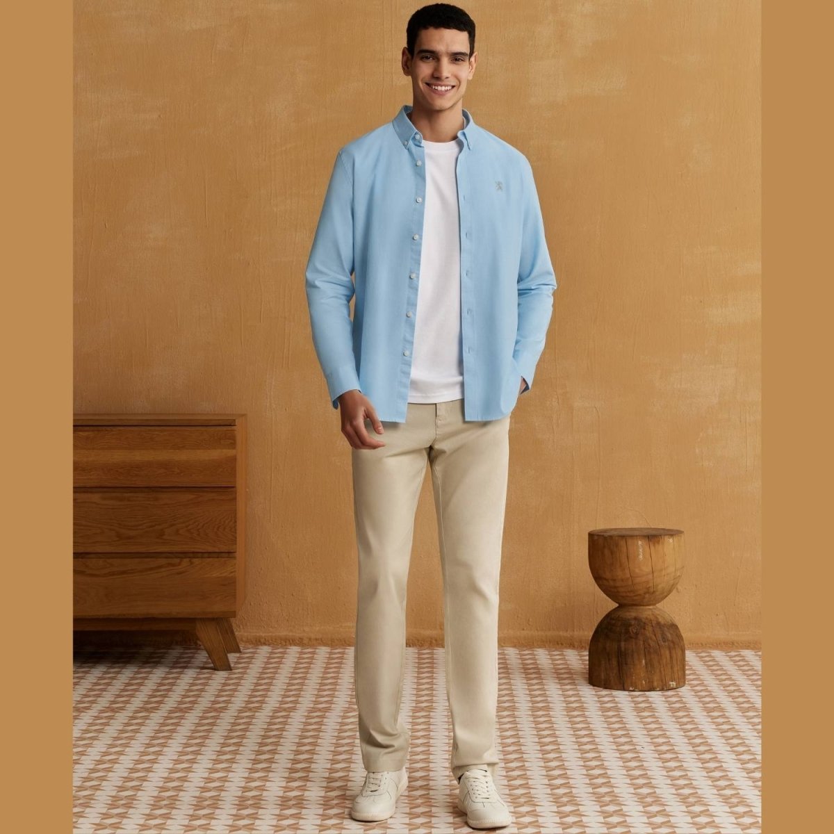 Giordano Men's Cotton Oxford Shirt - Small Lion Embroidery, Slim Fit, Full Button - Premium Shirts
