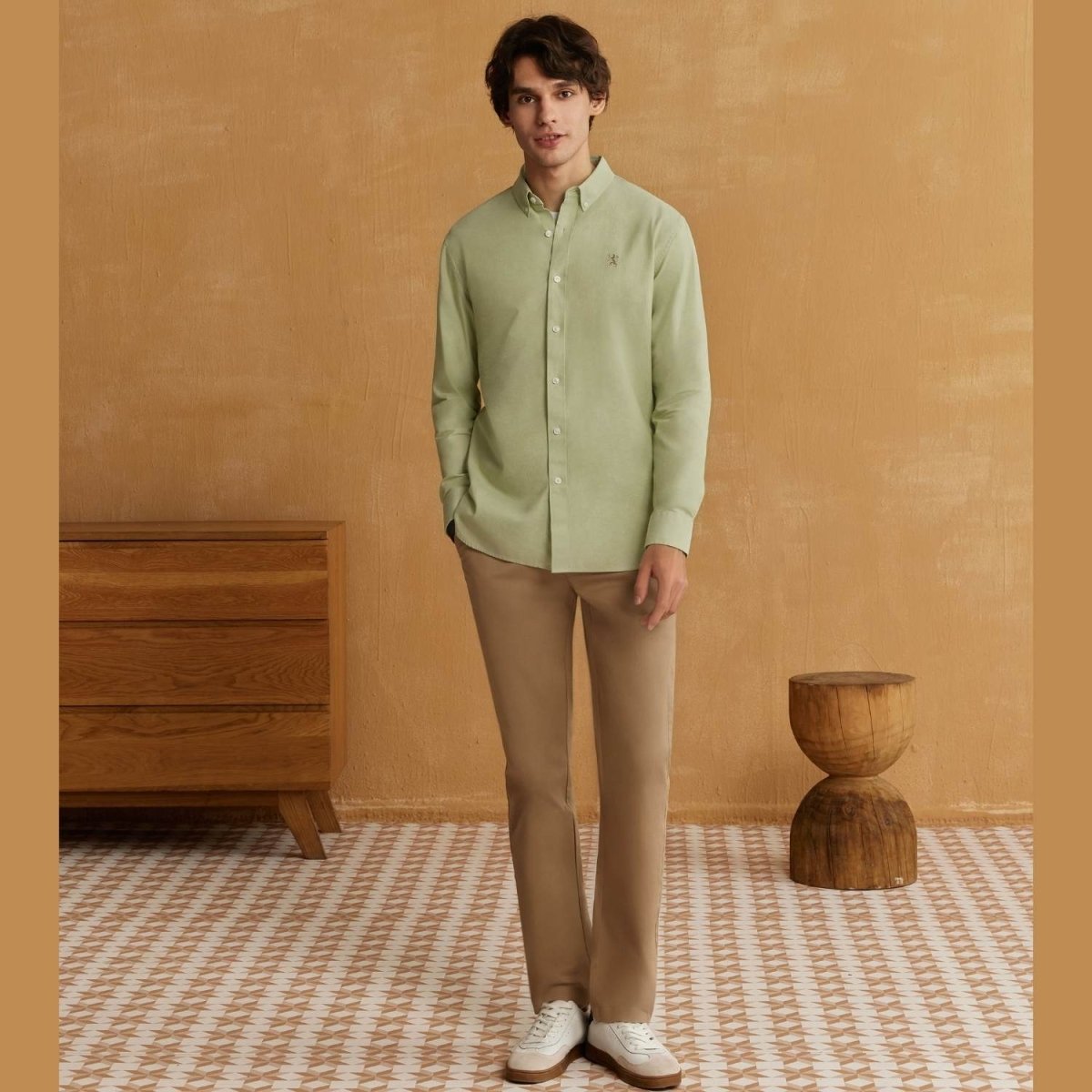 Men's Cotton Oxford Shirt - Small Lion Embroidery, Slim Fit, Full Button - Giordano