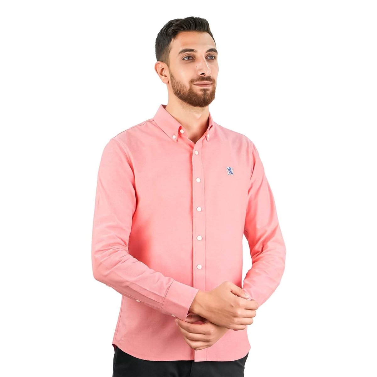Men's Cotton Oxford Shirt - Small Lion Embroidery, Slim Fit, Full Button - Giordano