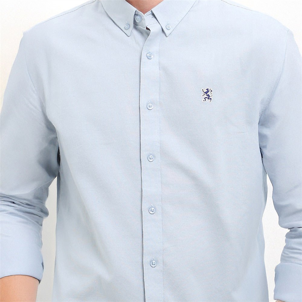 Men's Cotton Oxford Shirt - Small Lion Embroidery, Slim Fit, Full Button - Giordano