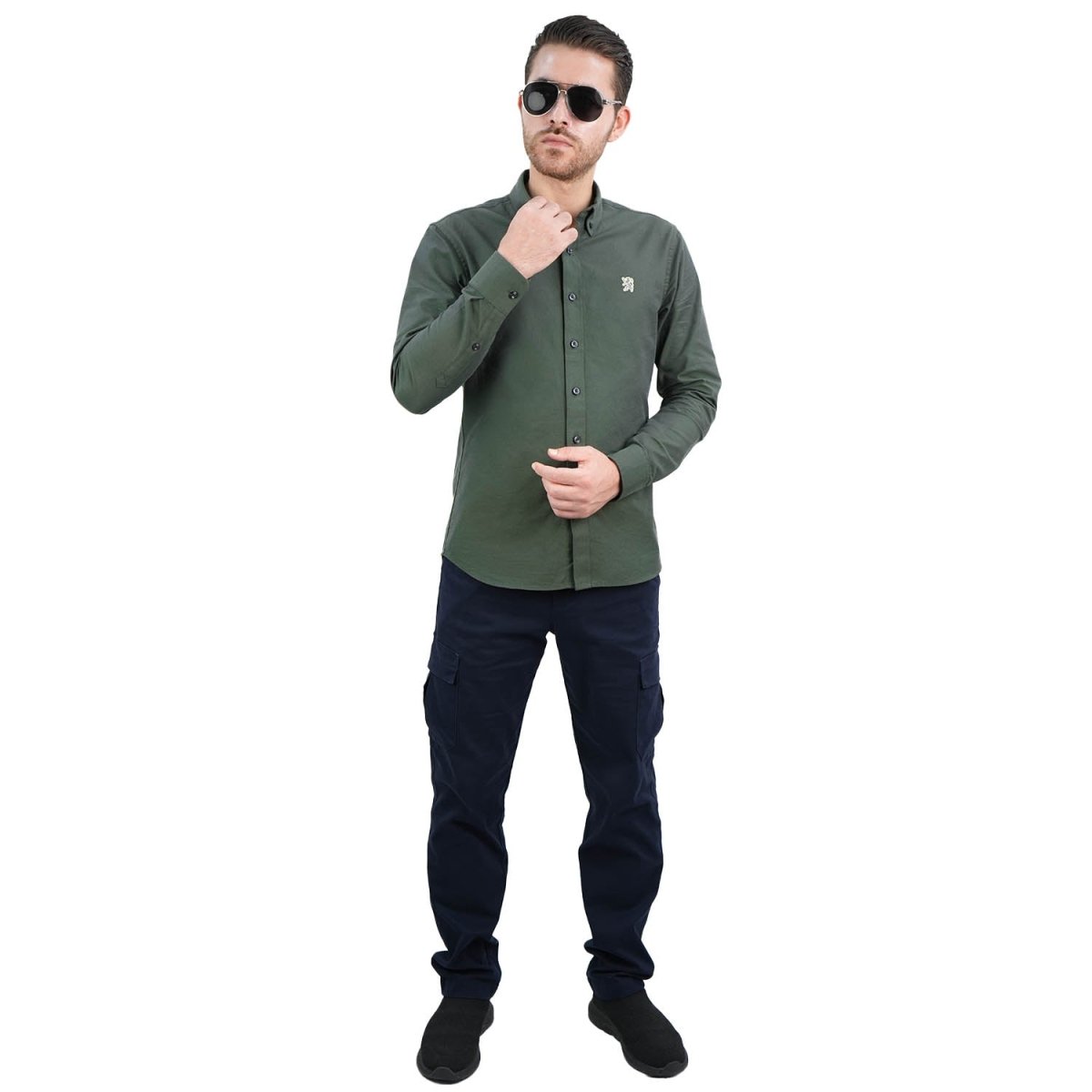 Giordano Men's Cotton Oxford Shirt - Small Lion Embroidery, Slim Fit, Full Button - Premium Shirts