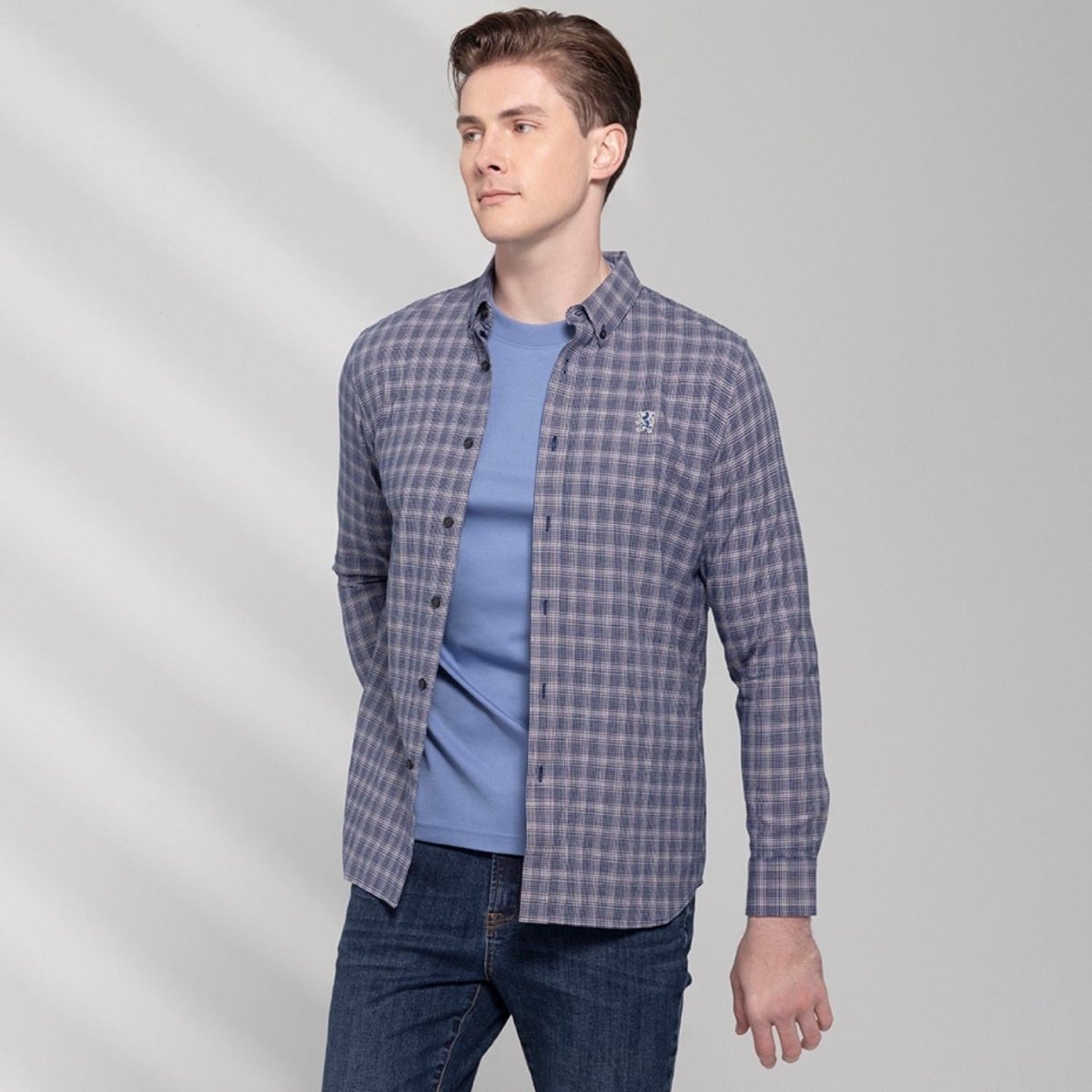 Men's Cotton Oxford Shirt - Small Lion Embroidery, Slim Fit, Full Button - Giordano
