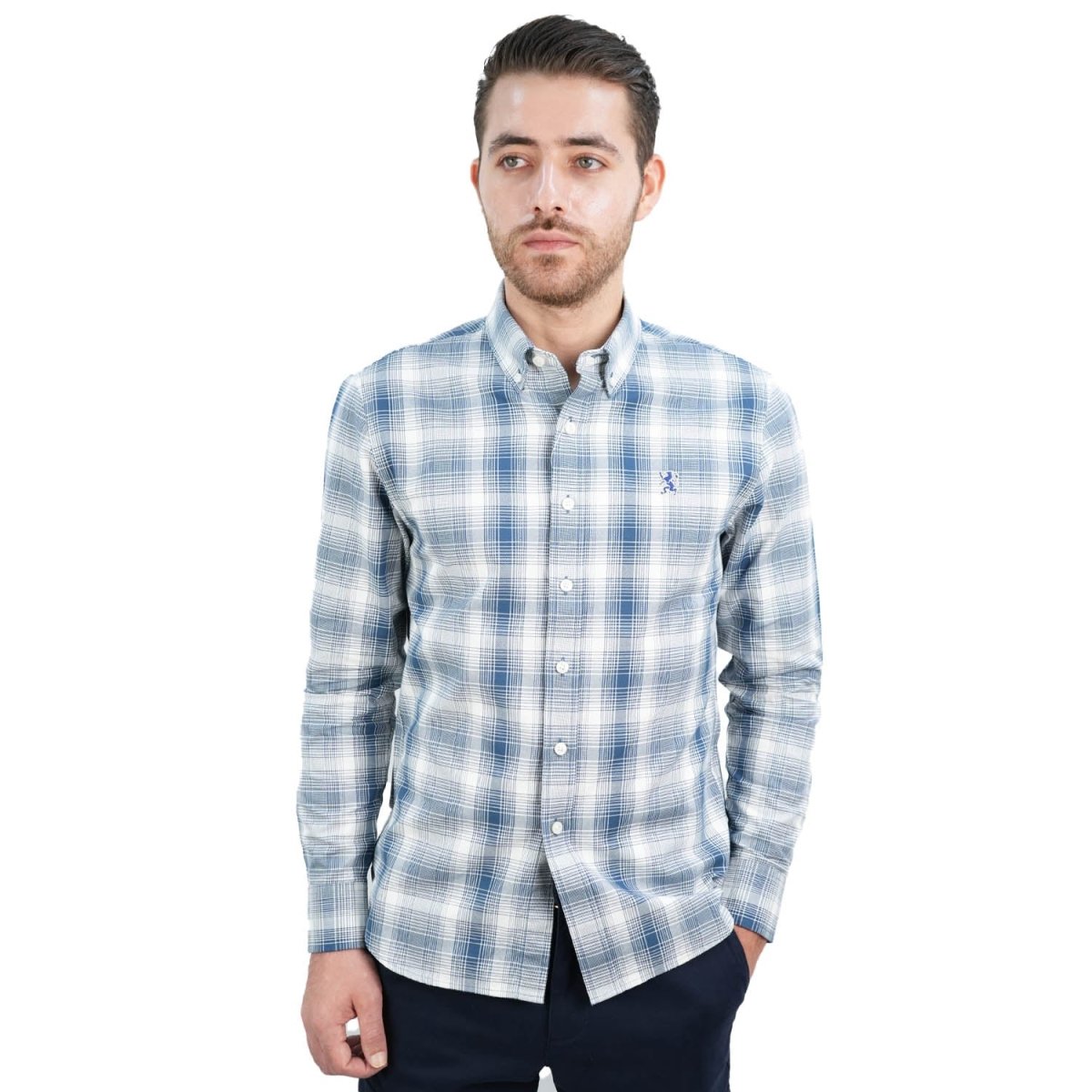 Men's Cotton Oxford Shirt - Small Lion Embroidery, Slim Fit, Full Button - Giordano