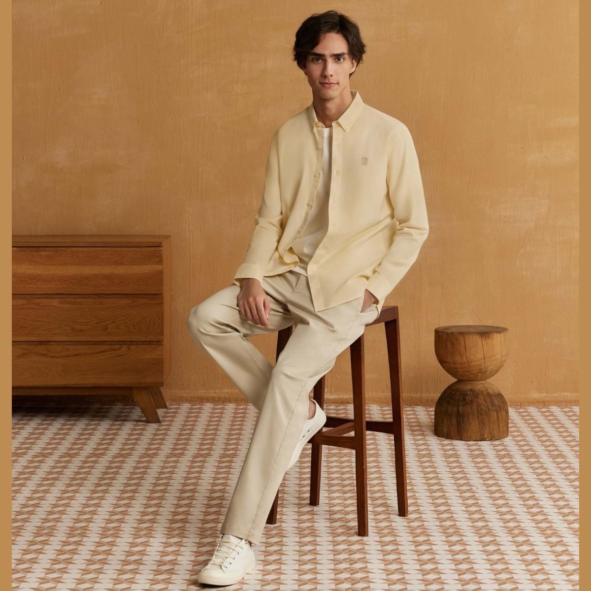 Men's Cotton Oxford Shirt - Small Lion Embroidery, Slim Fit, Full Button - Giordano