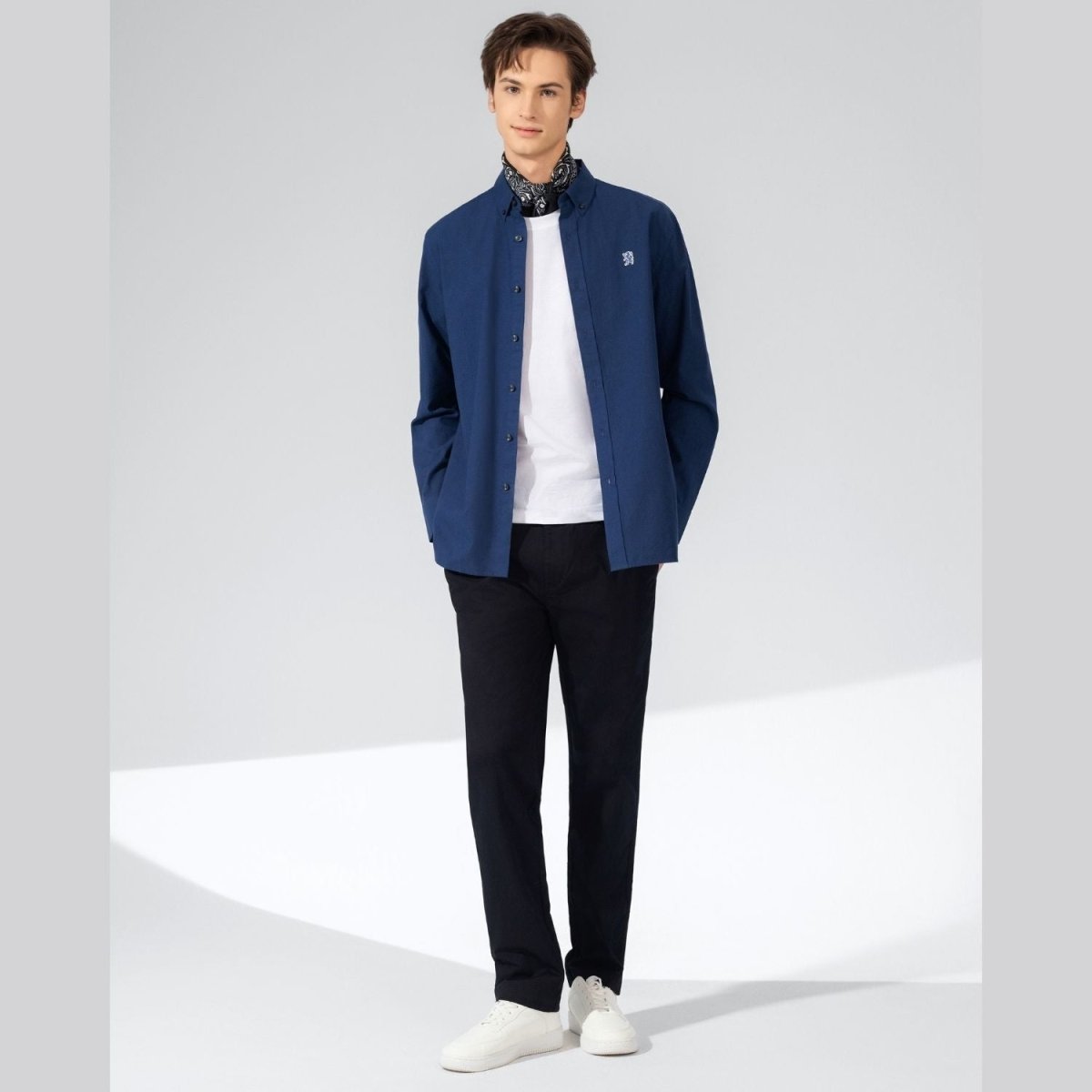 Giordano Men's Cotton Oxford Shirt - Small Lion Embroidery, Slim Fit, Full Button - Premium Shirts