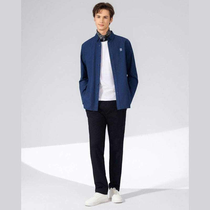 Giordano Men's Cotton Oxford Shirt - Small Lion Embroidery, Slim Fit, Full Button - Premium Shirts