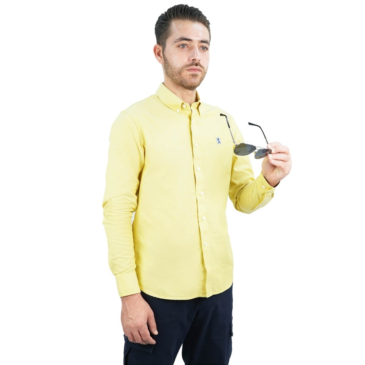 Men's Cotton Oxford Shirt - Small Lion Embroidery, Slim Fit, Full Button - Giordano