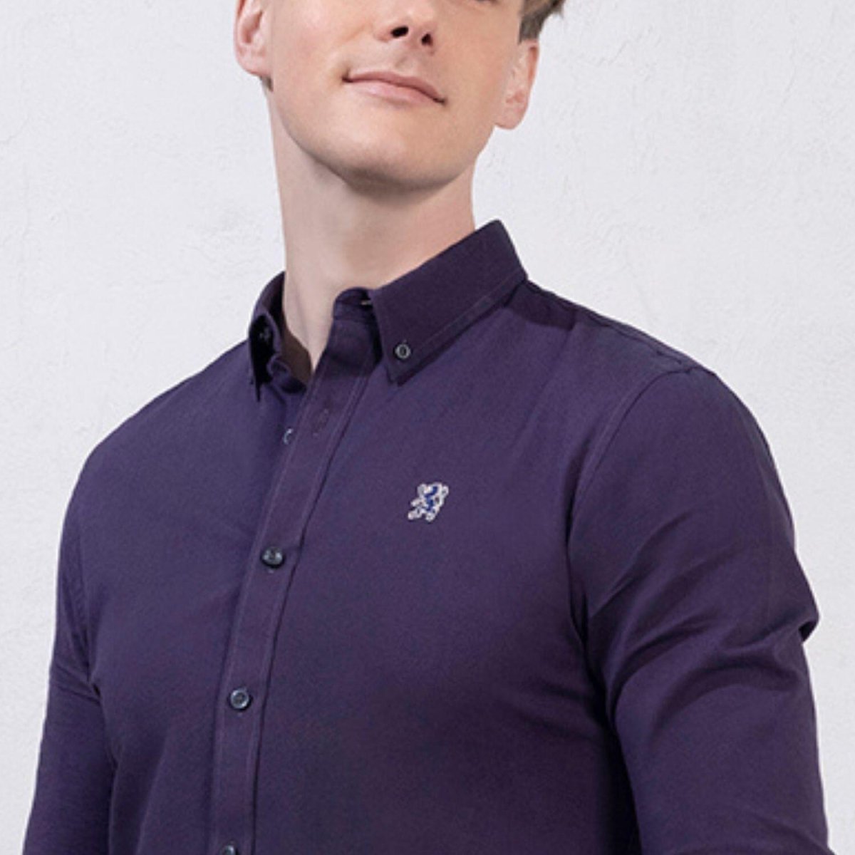 Men's Cotton Oxford Shirt - Small Lion Embroidery, Slim Fit, Full Button S - Shop Giordano