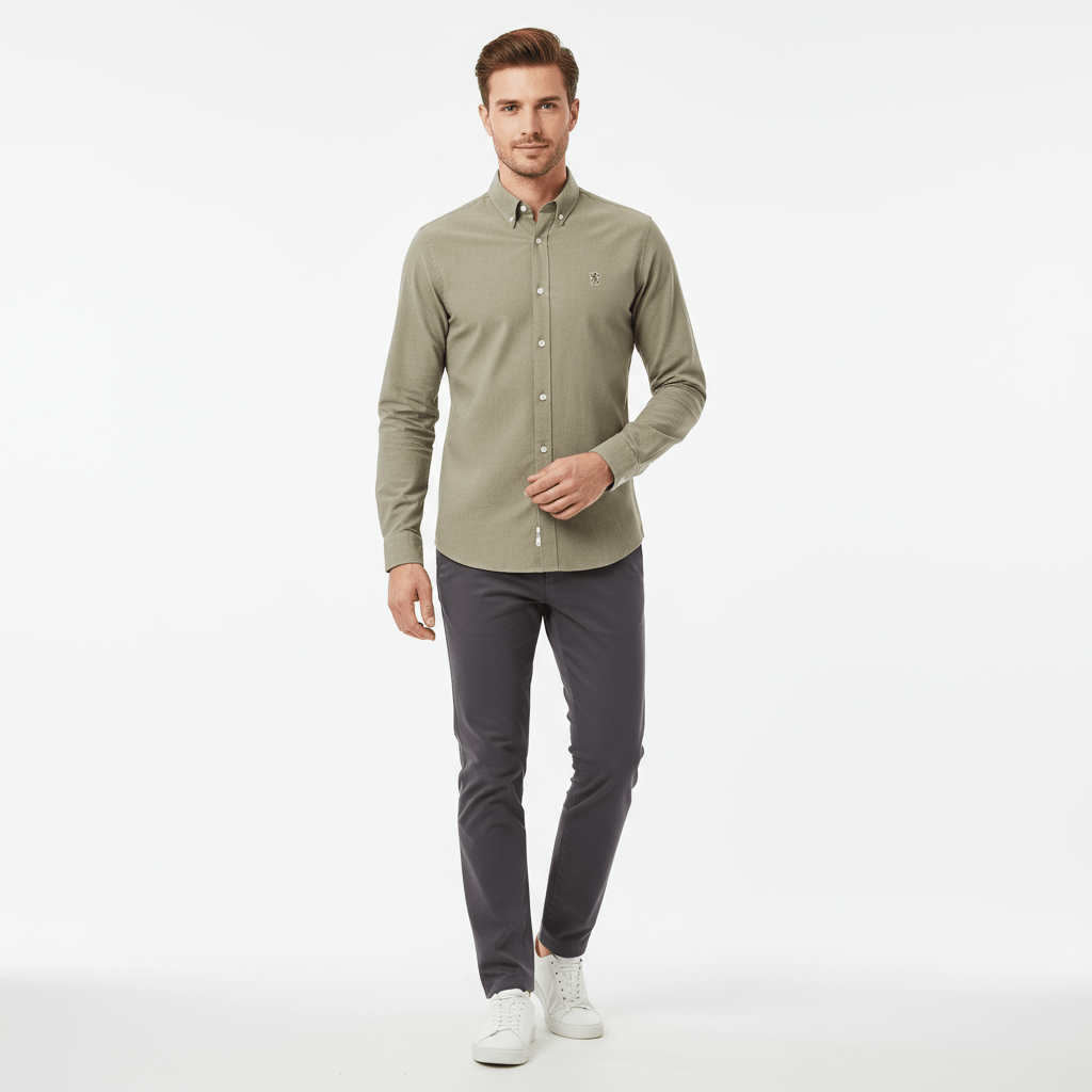 Men's Cotton Oxford Shirt - Small Lion Embroidery, Slim Fit, Full Button S - Shop Giordano