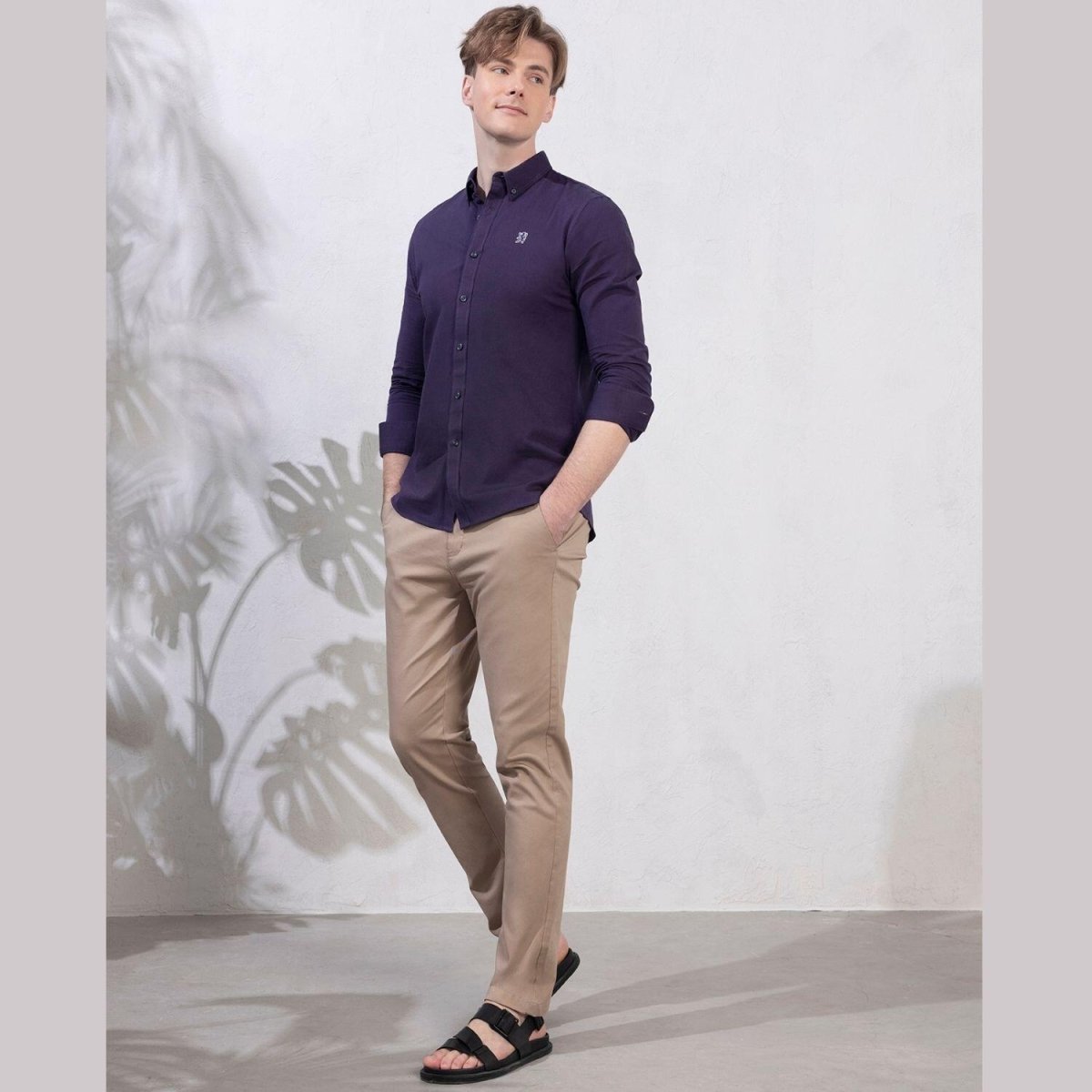 Men's Cotton Oxford Shirt - Small Lion Embroidery, Slim Fit, Full Button S - Shop Giordano