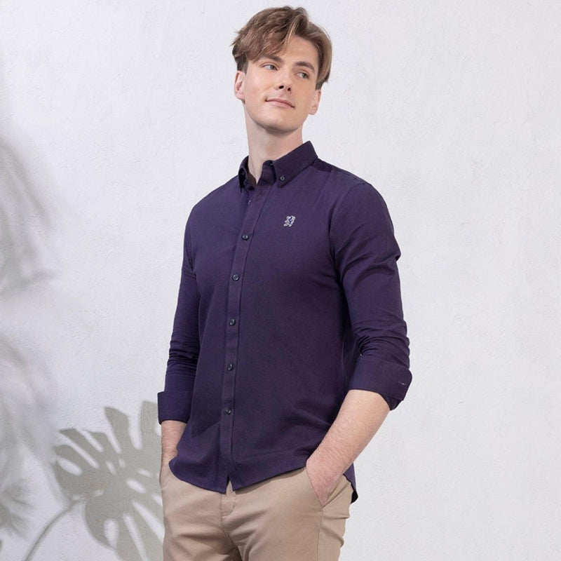 Men's Cotton Oxford Shirt - Small Lion Embroidery, Slim Fit, Full Button S - Shop Giordano
