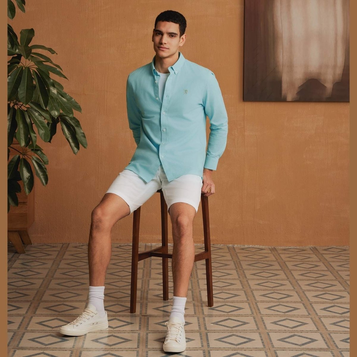 Men's Cotton Oxford Shirt - Small Lion Embroidery, Slim Fit, Full Button S - Shop Giordano