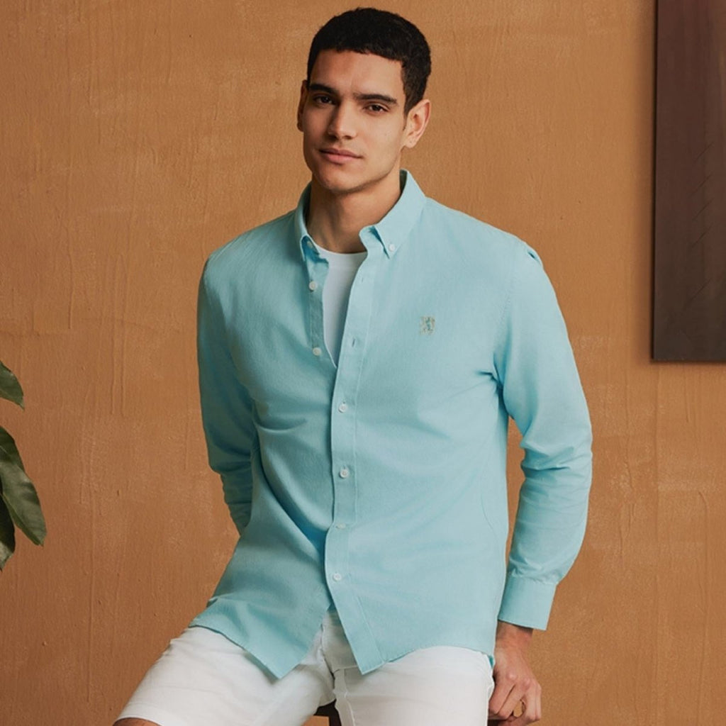 Men's Cotton Oxford Shirt - Small Lion Embroidery, Slim Fit, Full Button S - Shop Giordano