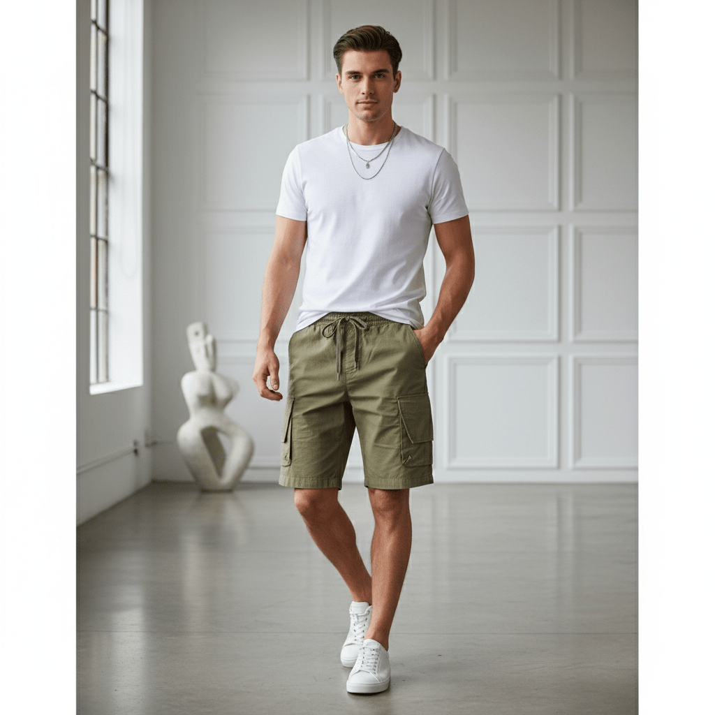 Men's Cotton Twill Cargo Shorts: Relaxed Fit, Elastic Waist Comfort S - Shop Giordano