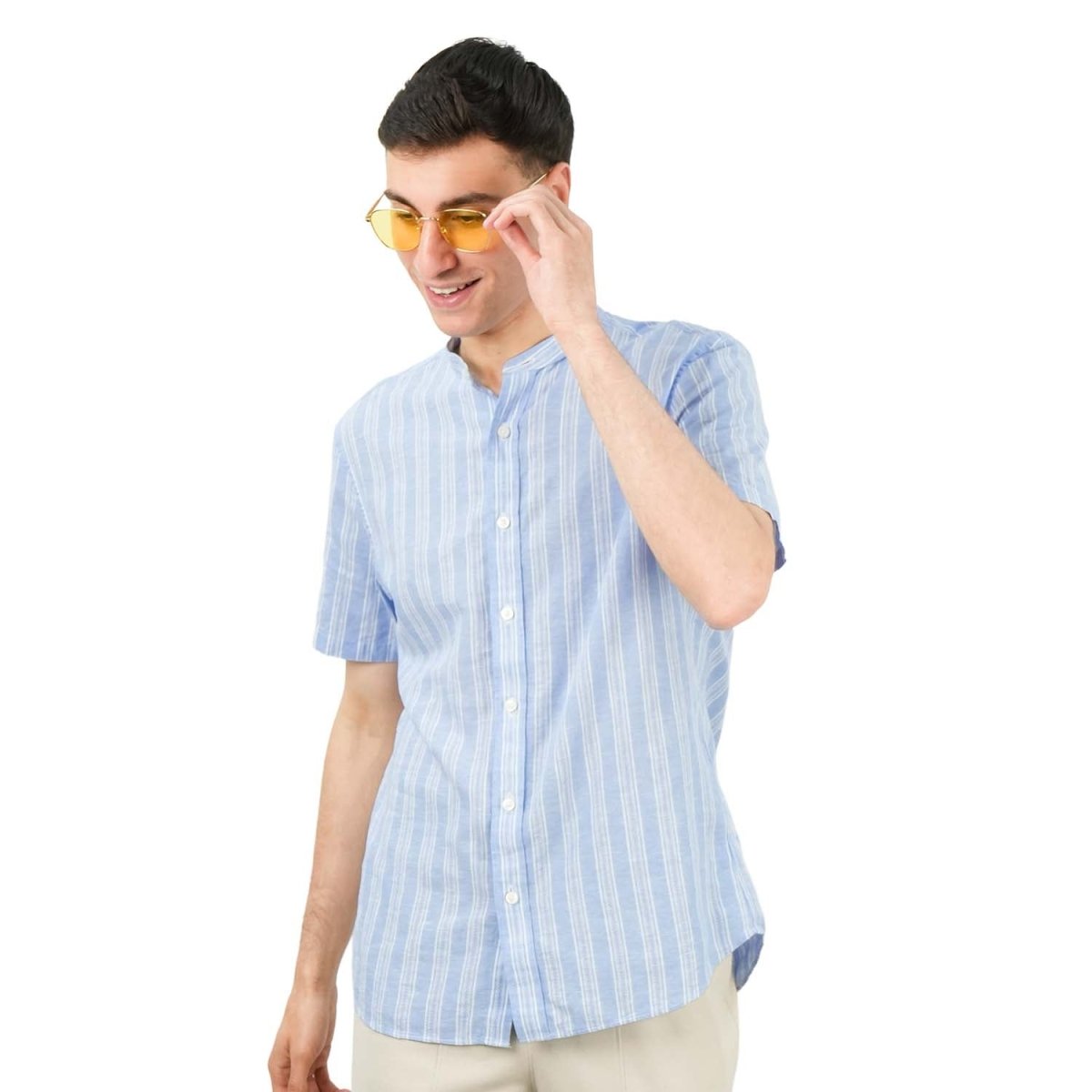 Men's Linen Cotton Poplin Band Collar Shirt | Slim Fit Summer Style - Giordano