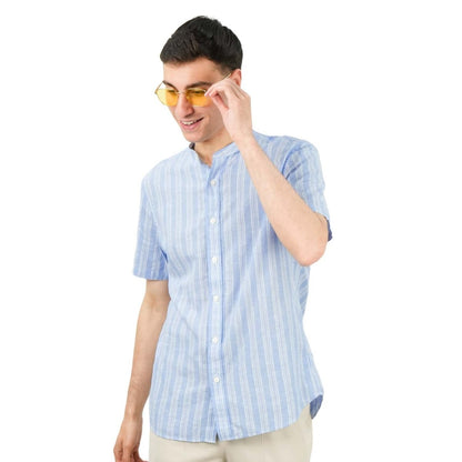 Men's Linen Cotton Poplin Band Collar Shirt | Slim Fit Summer Style - Giordano
