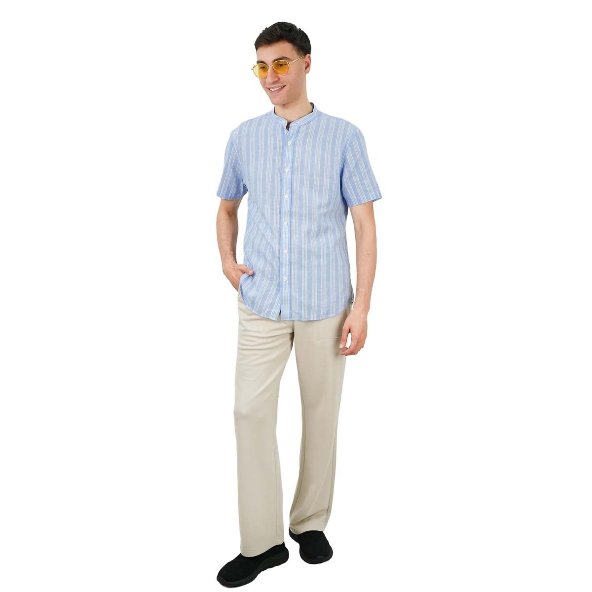 Men's Linen Cotton Poplin Band Collar Shirt | Slim Fit Summer Style - Giordano