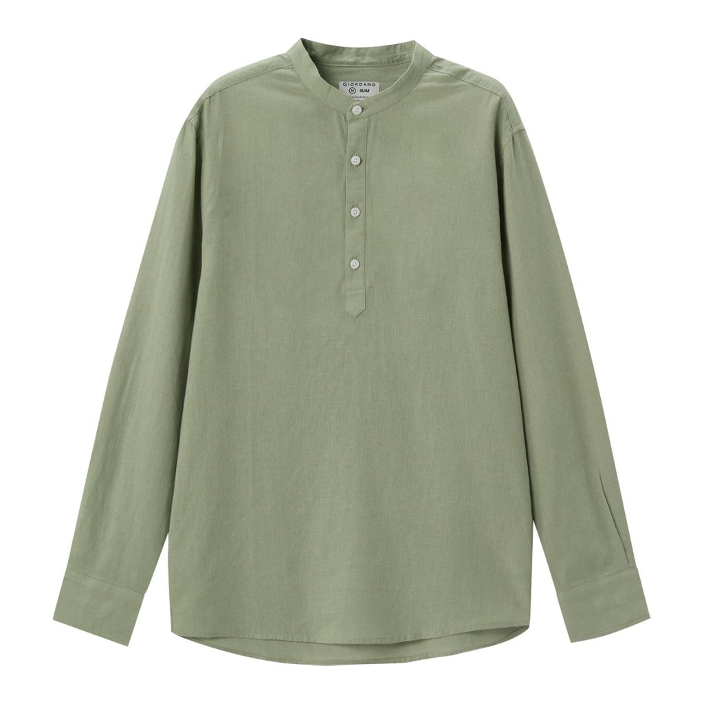 Men's Linen Cotton Poplin Shirt | Slim Fit, Band Collar S - Shop Giordano