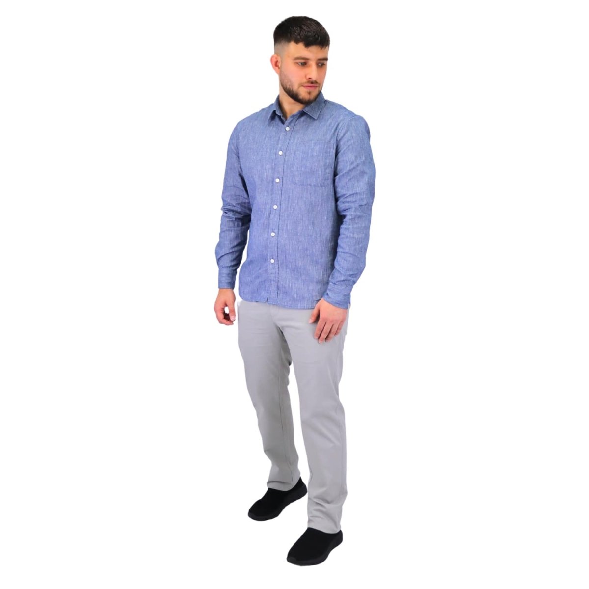 Men's Linen Long Sleeve Slim Fit Front Button Garment Wash Shirt - Giordano